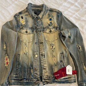 Distressed Denim Jacket with Red Accents